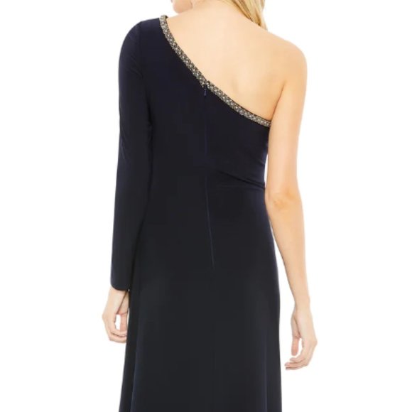MAC DUGGAL 26039 DRAPED ONE SLEEVE THIGH SLIT NAVY JERSEY STRETCH GOWN SZ 10 - Picture 4 of 7